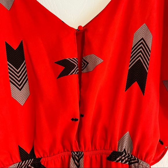 Contemporary red’ish orange dress that is line and has a bloused overlay. - Picture 3 of 4